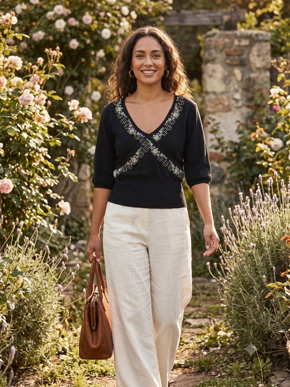 Field Flower by Anthropologie Embroidered Cross-Front Knit Top Size Large
